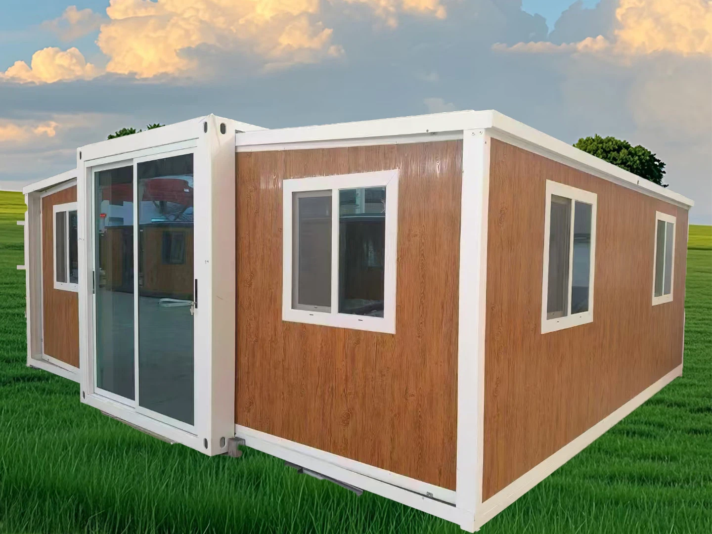 Expandable wing span container house under assembly